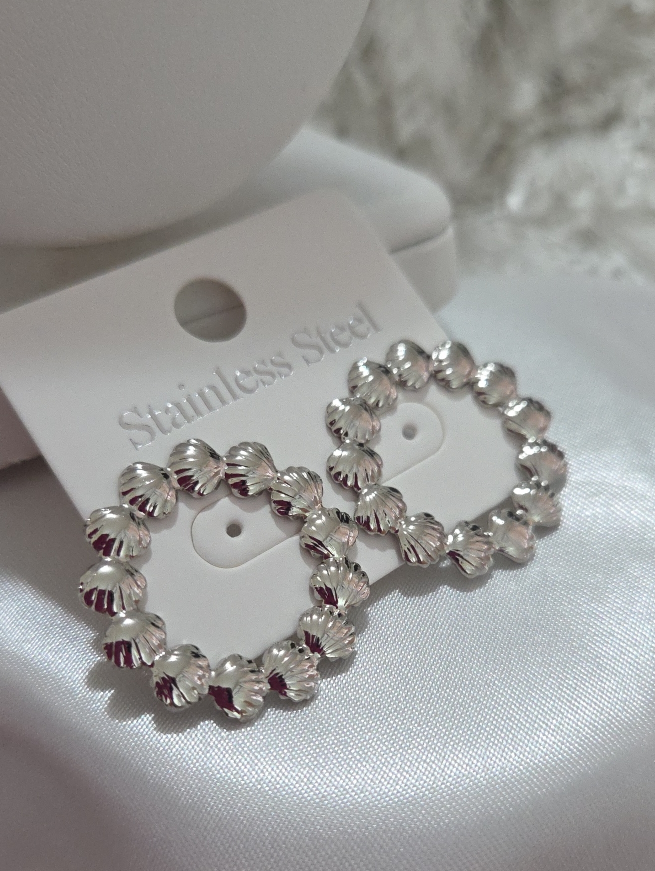 Stainless Steel Silver Beaded Hoop Earrings  Stainless Steel